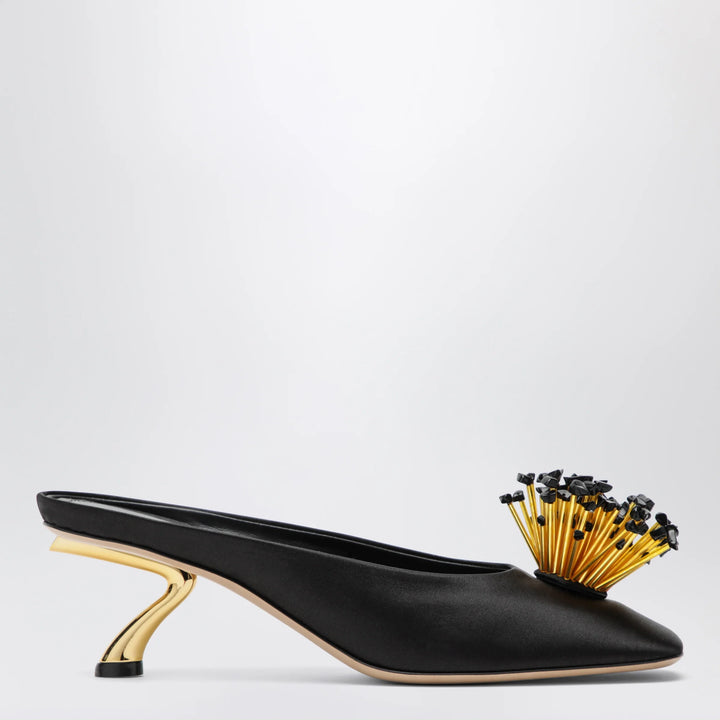 Ferragamo - Black mules with sculptural heel and crystal flower