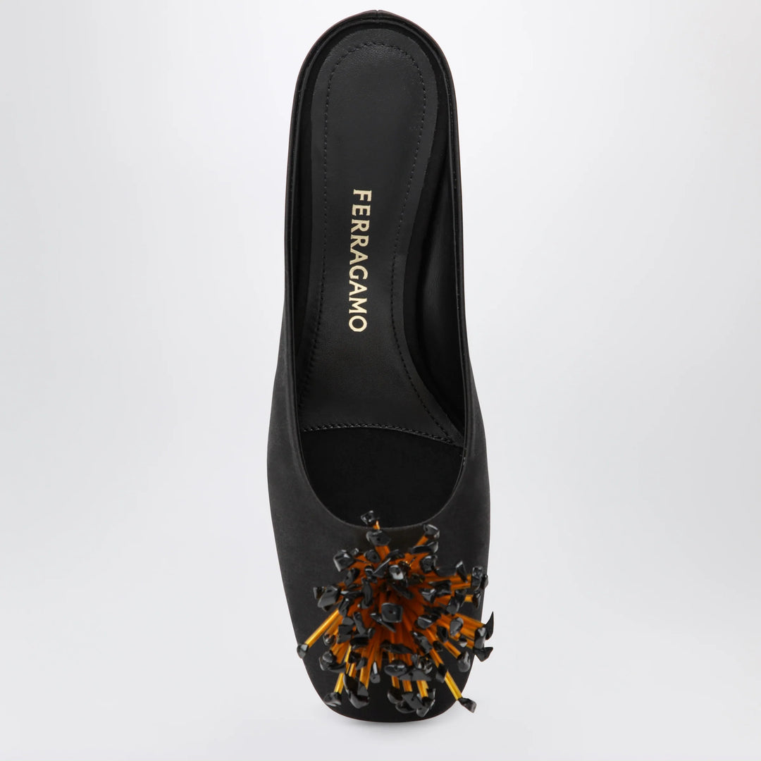 Ferragamo - Black mules with sculptural heel and crystal flower