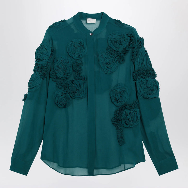 Dries Van Noten - Petrol green shirt with raised rose details