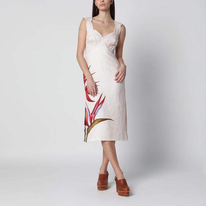 FARM Rio - Sand-colored linen midi dress with Strelitzia pattern