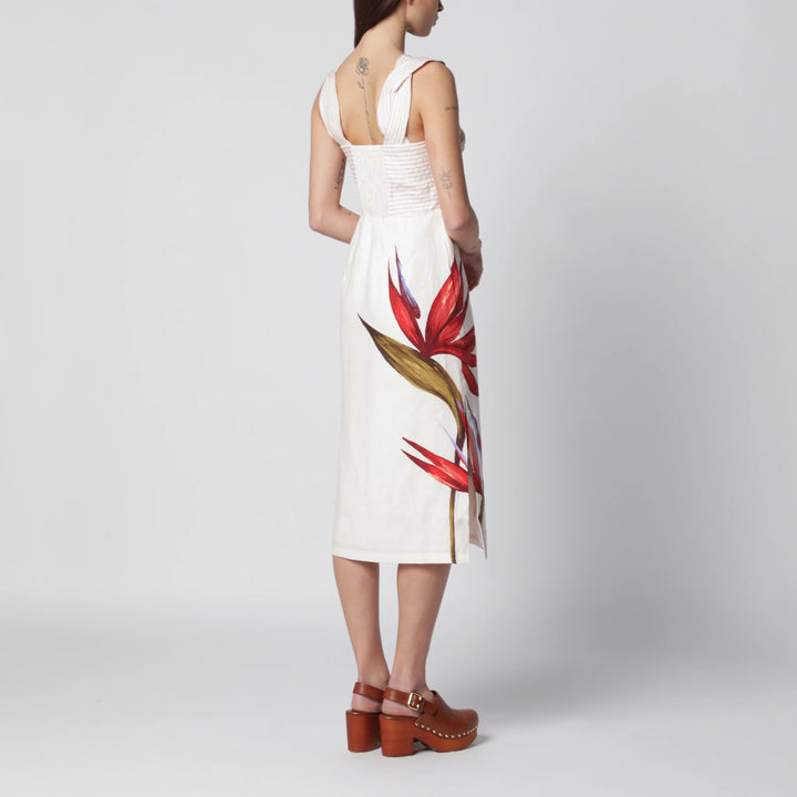 FARM Rio - Sand-colored linen midi dress with Strelitzia pattern