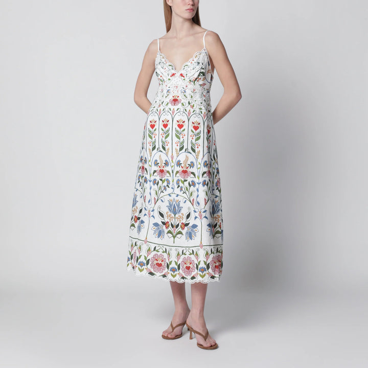 FARM Rio - White midi dress in linen with garden motif