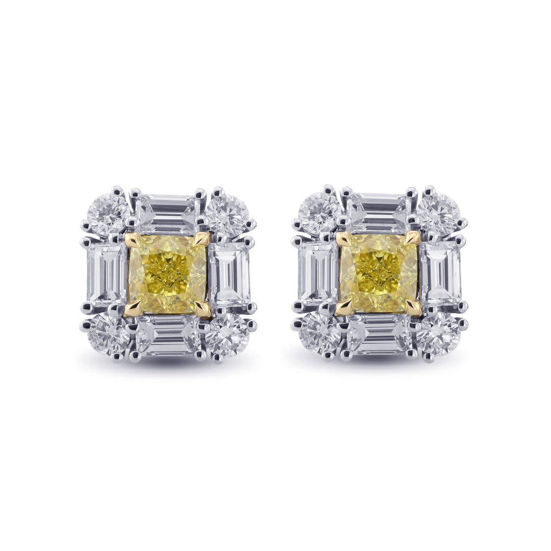 Leibish Extraordinary Cushion Fancy Intense Yellow Diamond Halo Stud Earrings