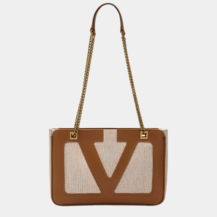 Valentino Garavani Small Viva Superstar Bag in Natural/Spice Canvas