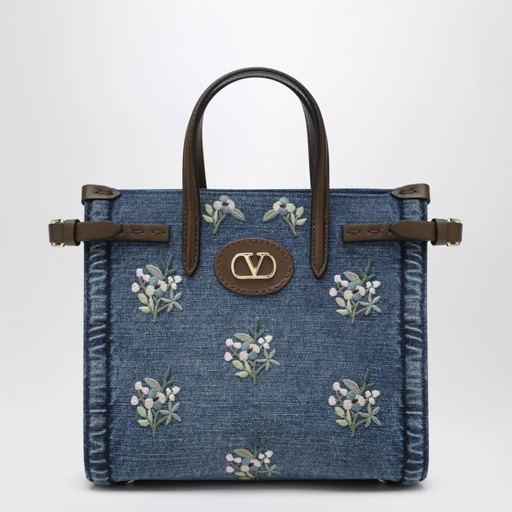 Valentino Garavani - Antibes small embroidered denim shopping bag in blue