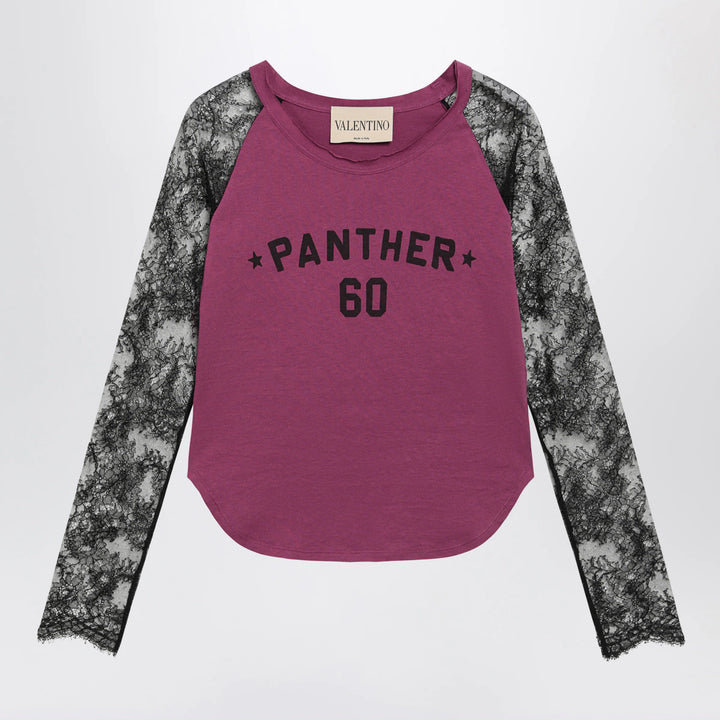 Valentino - Cyclamen Panther 60 T-shirt with black lace sleeves