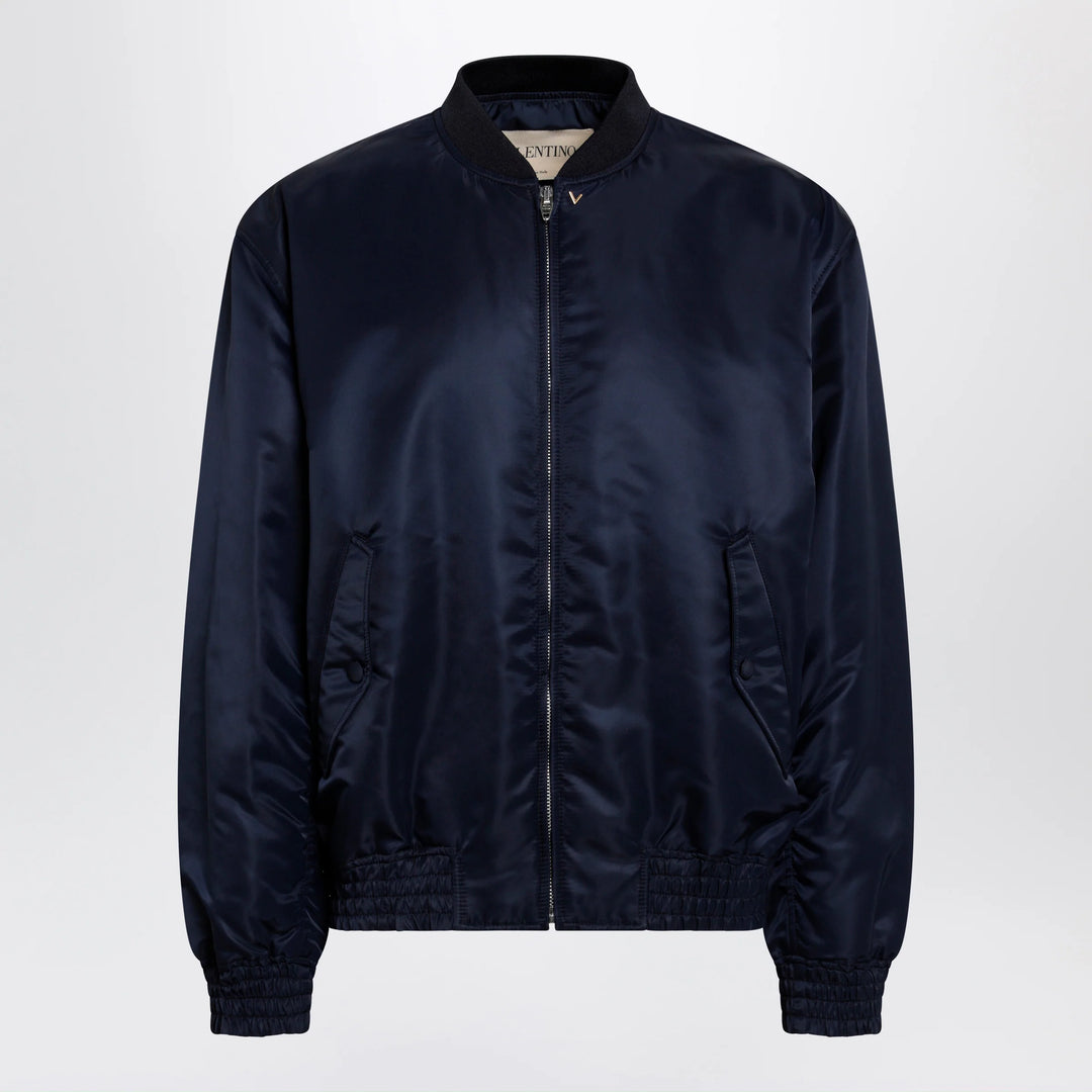 Valentino - Shiny navy blue zip-up bomber jacket with Vlogo