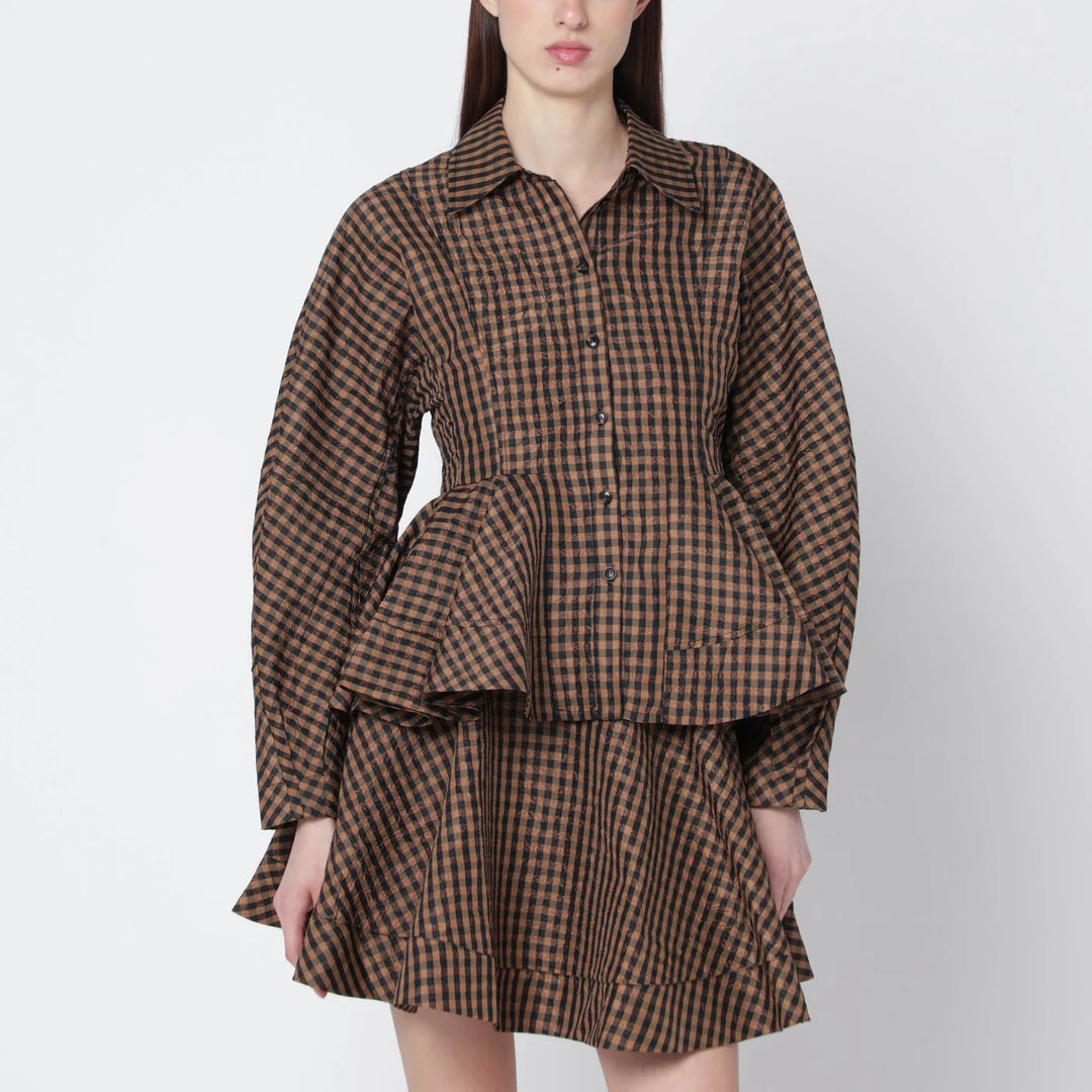 GANNI - Brown/black gingham peplum shirt