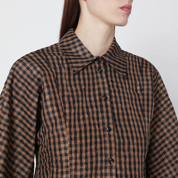 GANNI - Brown/black gingham peplum shirt