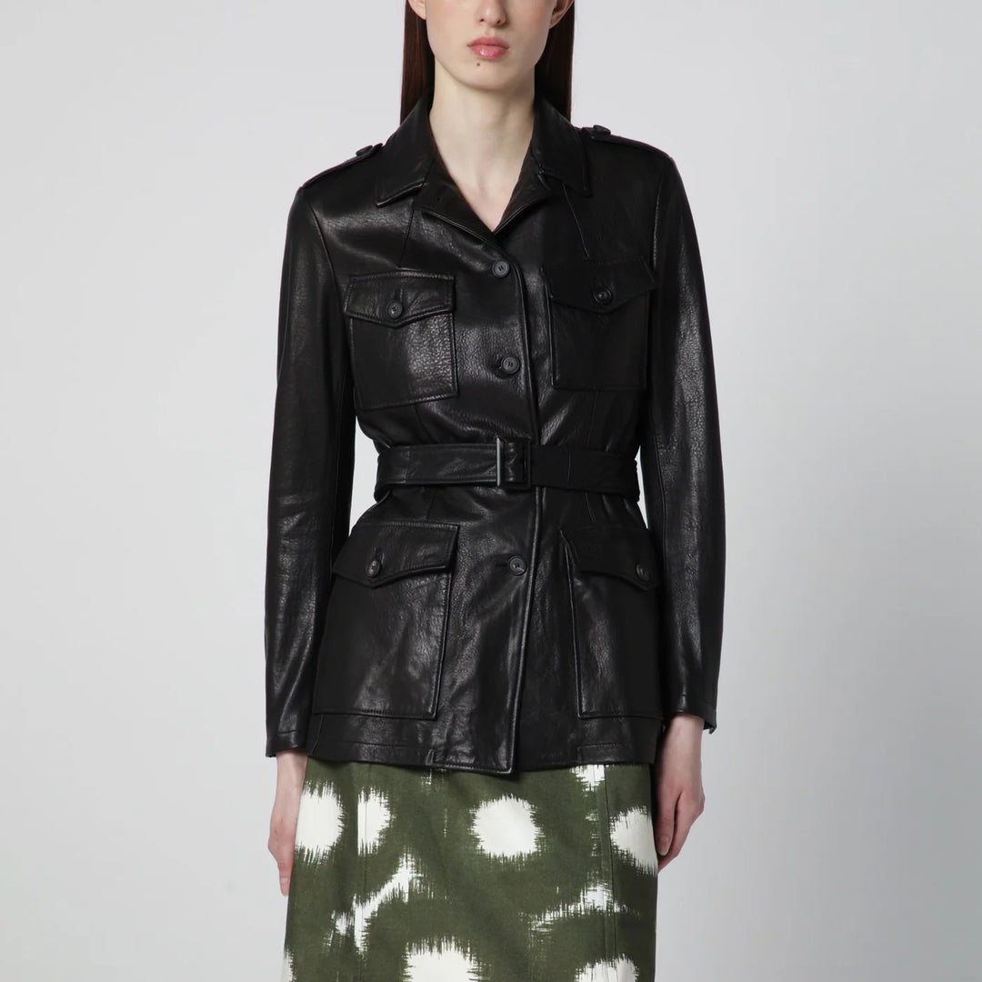 Tagliatore - Black leather belted jacket