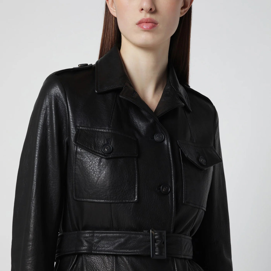 Tagliatore - Black leather belted jacket