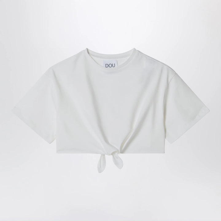 Douuod - Ivory cropped T-shirt with knot detail
