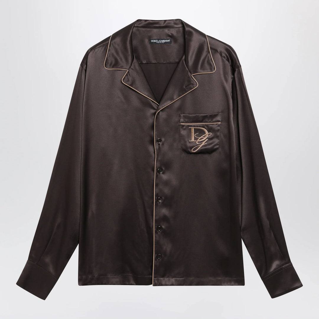 Dolce&amp;Gabbana - Vanity silk shirt with embroidered logo in brown/grey