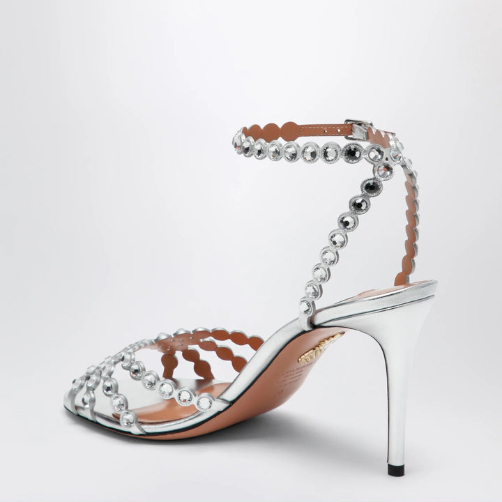 Aquazzura - Tequila silver sandals in metallic leather with crystals