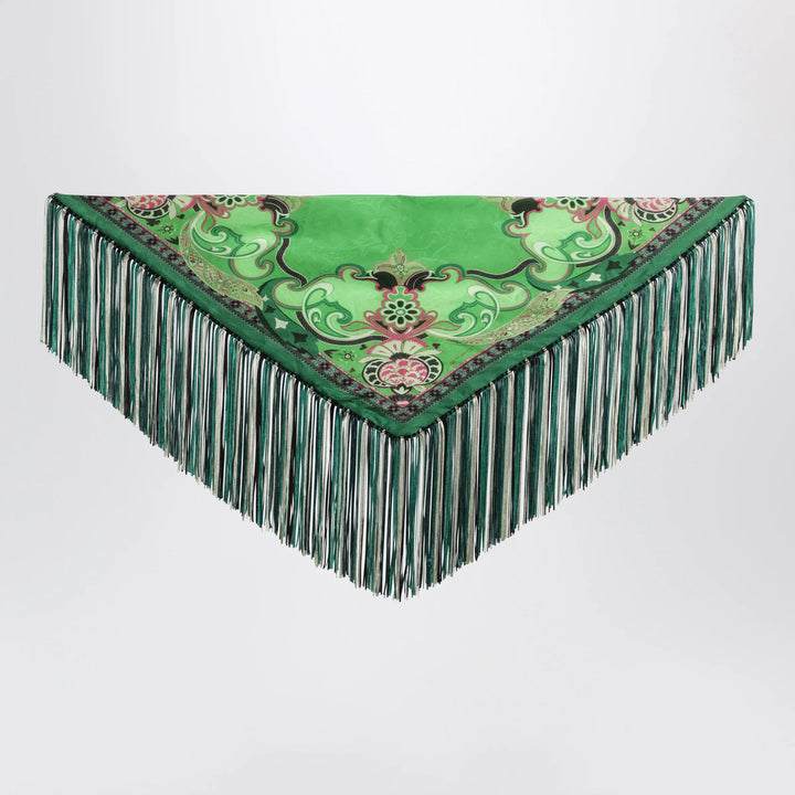 ETRO - Green silk jacquard scarf with fringes