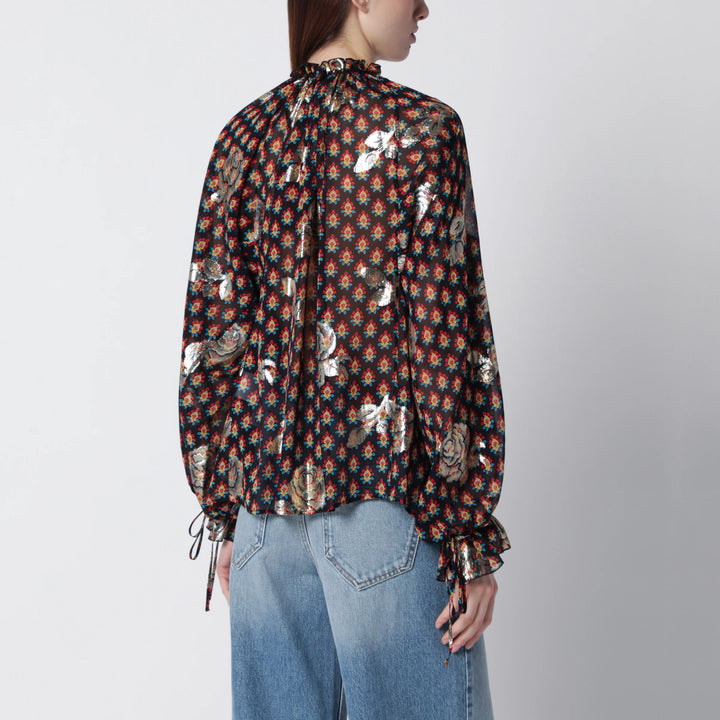 ETRO - Black silk shirt with fil coupé roses