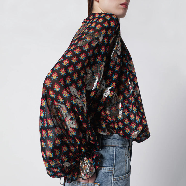 ETRO - Black silk shirt with fil coupé roses
