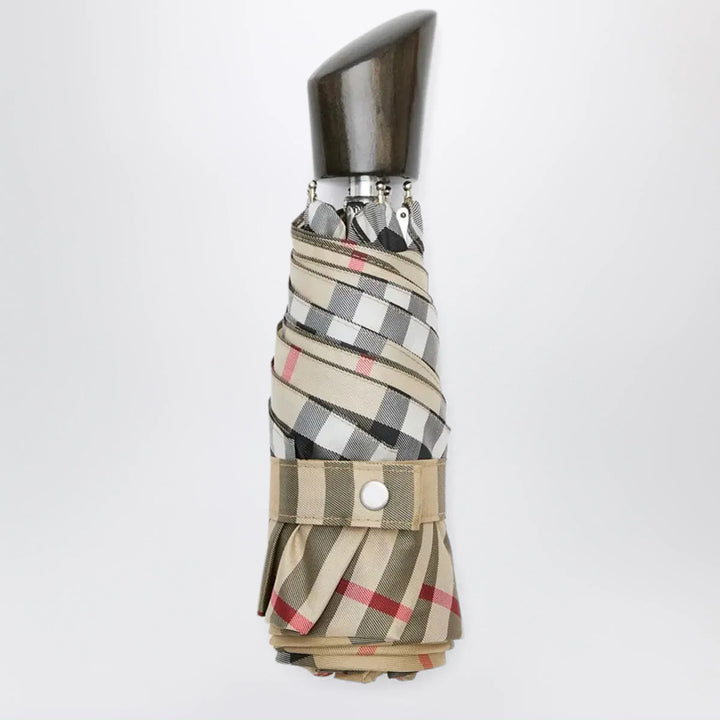Burberry - Foldable Check umbrella in polyester, sand Brand Apparel &amp; Accessories U