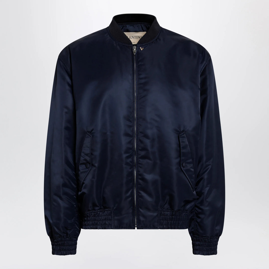 Valentino - Shiny navy blue zip-up bomber jacket with Vlogo Brand Apparel &amp; Accessories > Clothing > Outerwear > Coats &amp; Jackets 46 IT