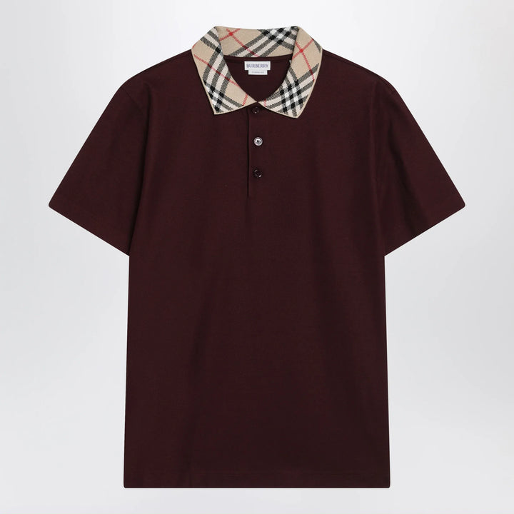 Burberry - Cotton polo shirt with Check collar in vineyard red Brand Apparel &amp; Accessories > Clothing > Shirts &amp; Tops S