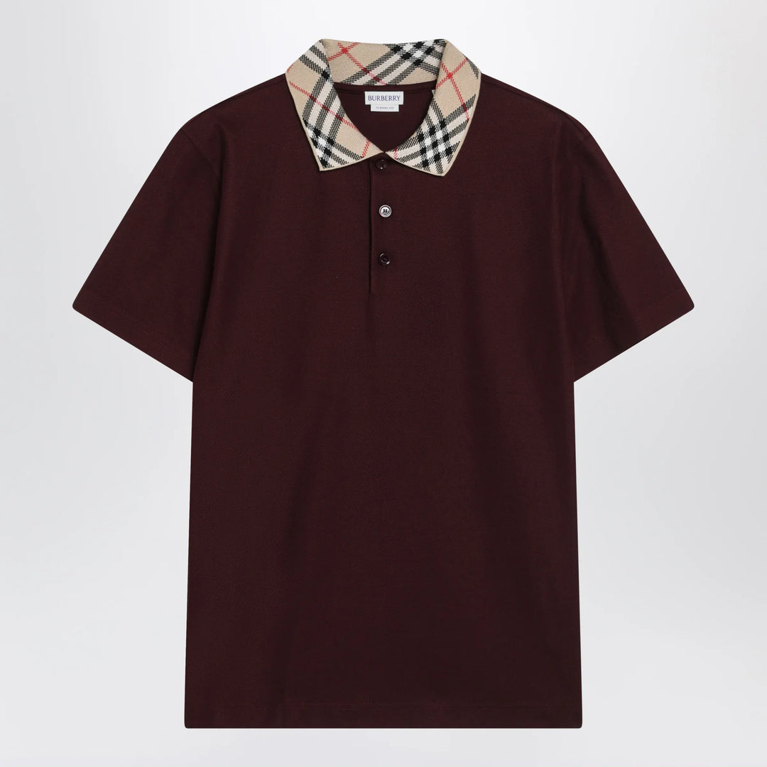 Burberry - Cotton polo shirt with Check collar in vineyard red Brand Apparel &amp; Accessories > Clothing > Shirts &amp; Tops S