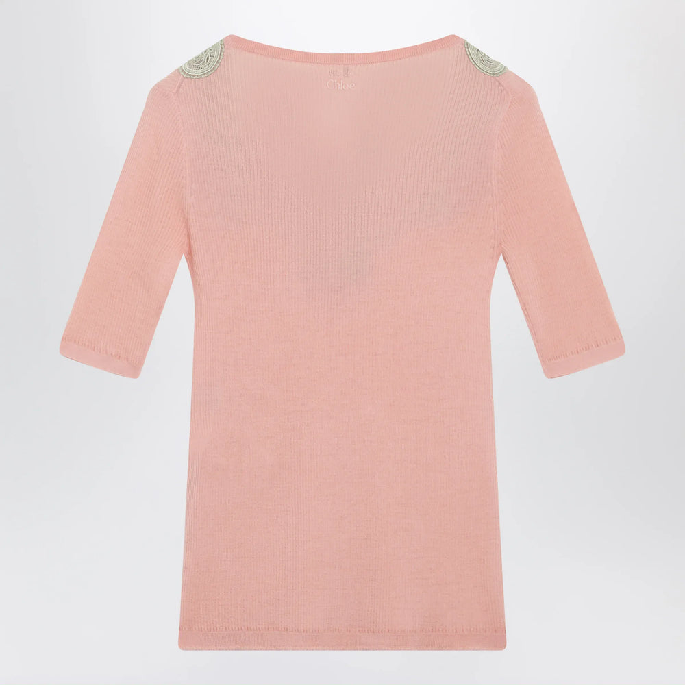 Chloé - Fitted elbow-sleeve ribbed wool sweater with lace trim in pink Brand Apparel & Accessories > Clothing > Shirts & Tops