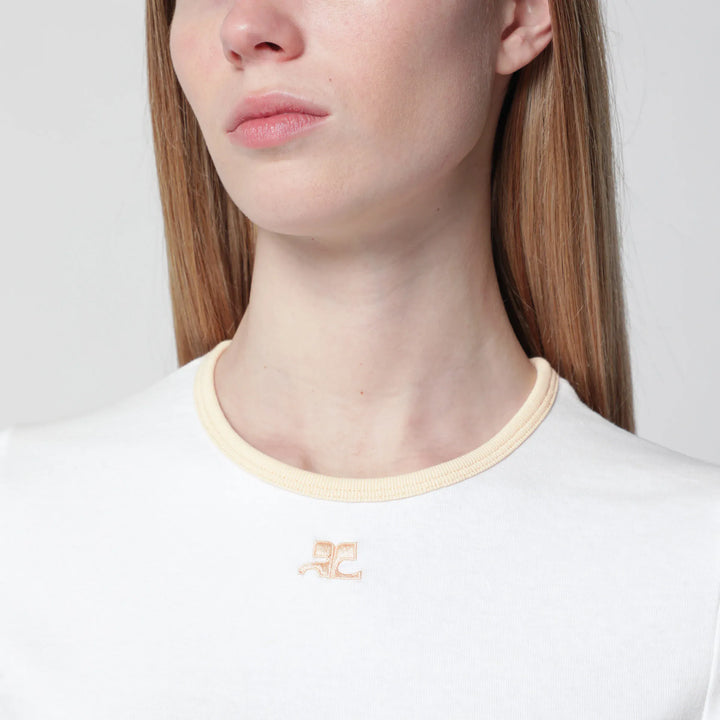 Courrèges - White/orange contrast cotton crew-neck T-shirt Brand Apparel &amp; Accessories > Clothing > Shirts &amp; Tops