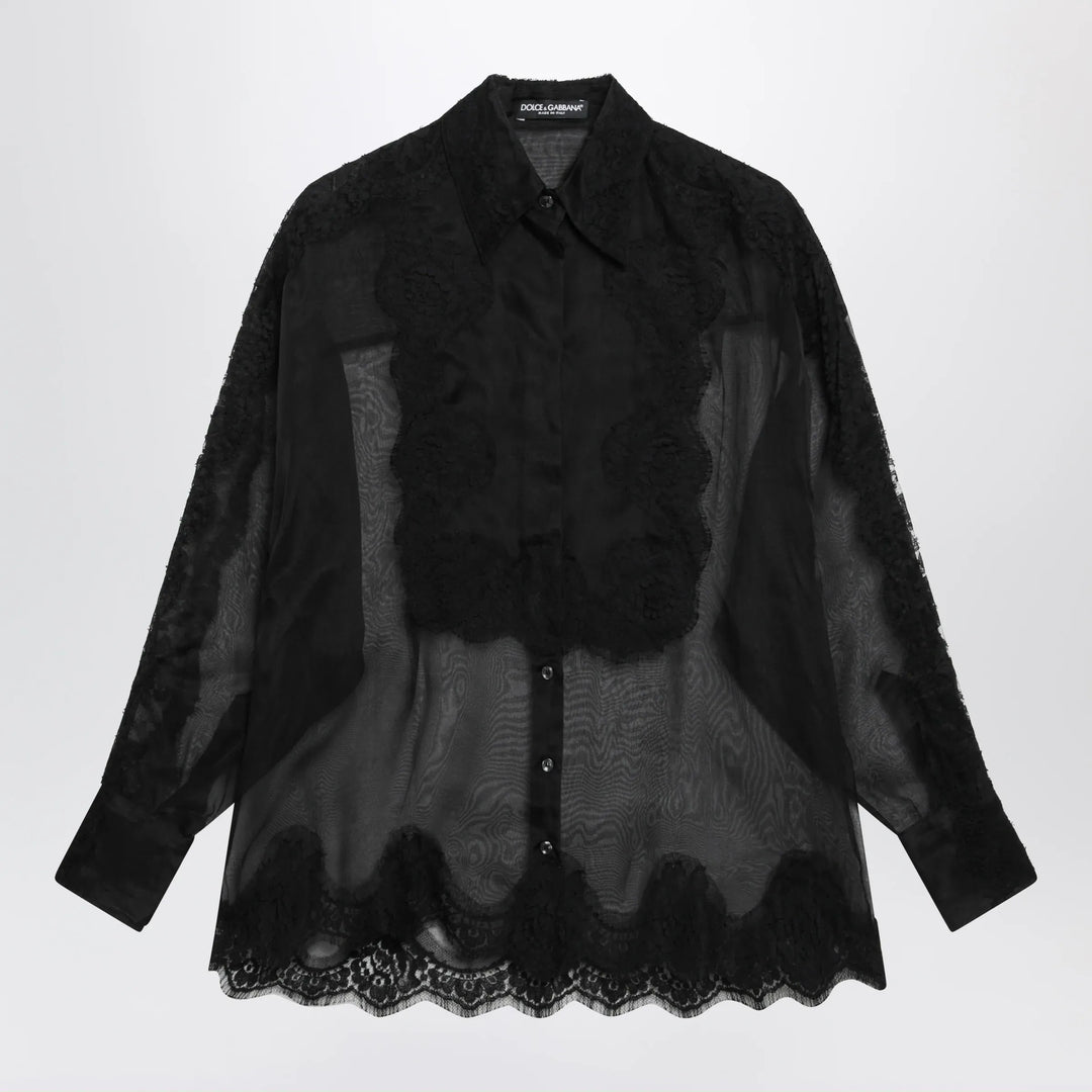 Dolce&amp;Gabbana - Organza tuxedo shirt with lace inserts in black Brand Apparel &amp; Accessories > Clothing > Shirts &amp; Tops 40  IT