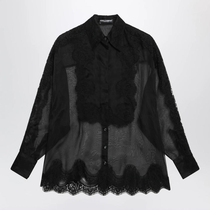 Dolce&amp;Gabbana - Organza tuxedo shirt with lace inserts in black Brand Apparel &amp; Accessories > Clothing > Shirts &amp; Tops 40  IT