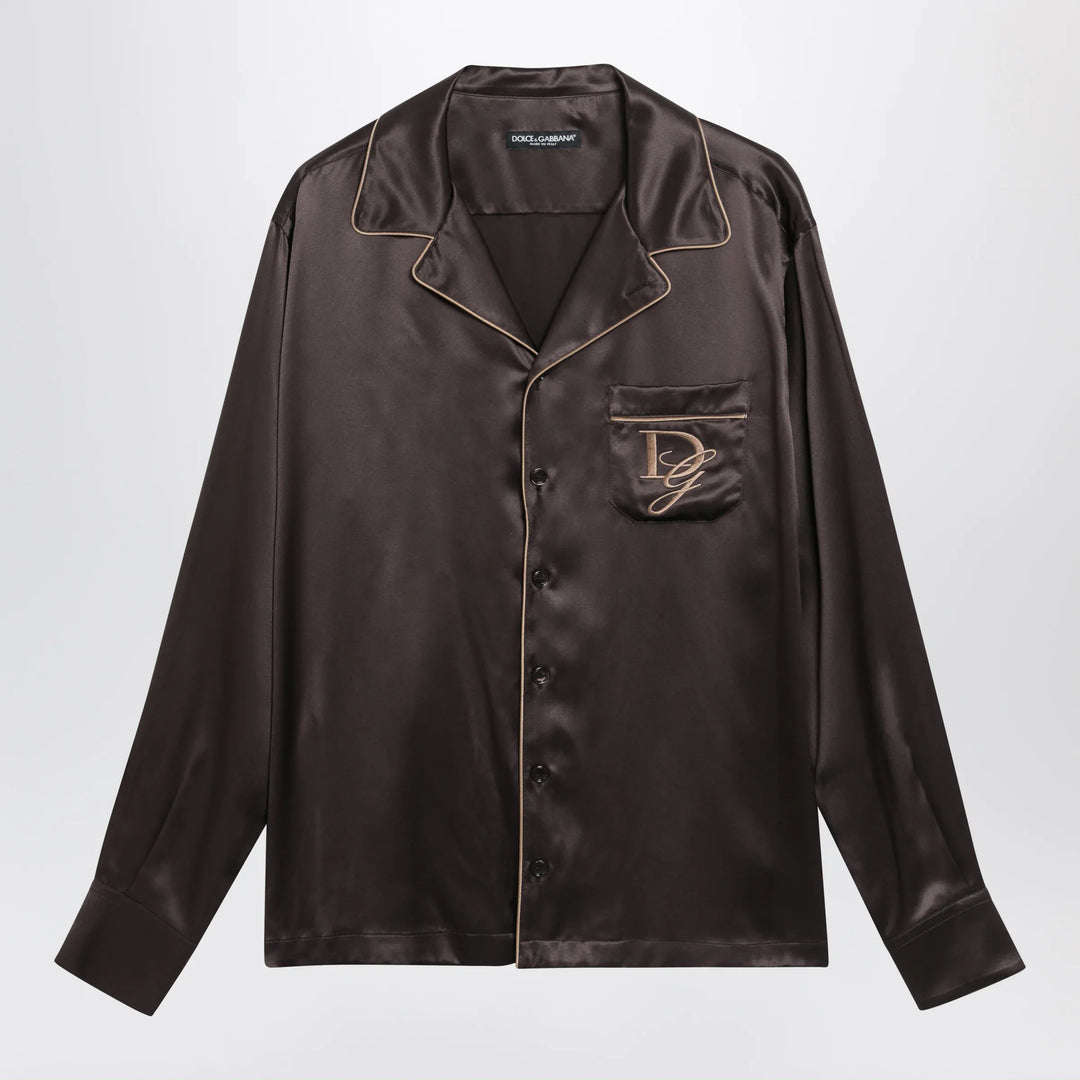 Dolce&amp;Gabbana - Vanity silk shirt with embroidered logo in brown/grey Brand Apparel &amp; Accessories > Clothing > Shirts &amp; Tops 40