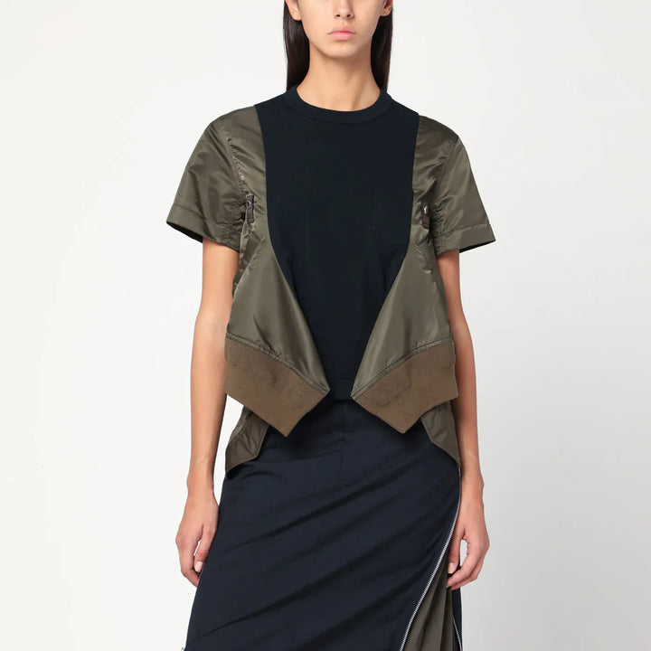 Sacai - Navy/kaki cotton and nylon T-shirt Brand Apparel &amp; Accessories > Clothing > Shirts &amp; Tops 2
