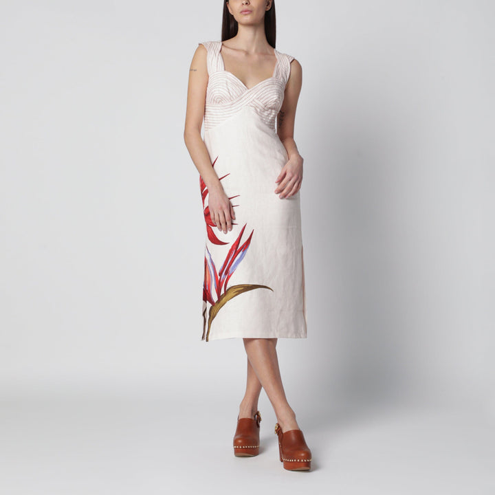 Apparel &amp; Accessories FARM Rio - Sand-colored linen midi dress with Strelitzia pattern Brand