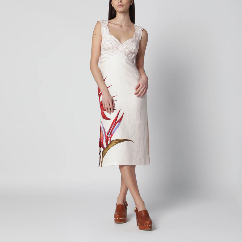 FARM Rio - Sand-colored linen midi dress with Strelitzia pattern Brand Apparel & Accessories XS