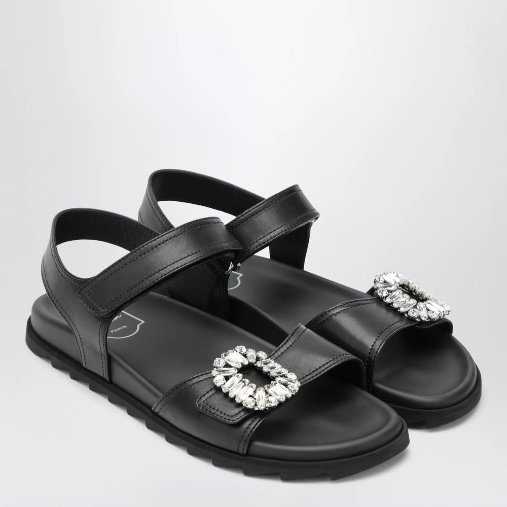 ROGER VIVIER - Black leather sandals with crystal buckle Brand Apparel & Accessories > Shoes