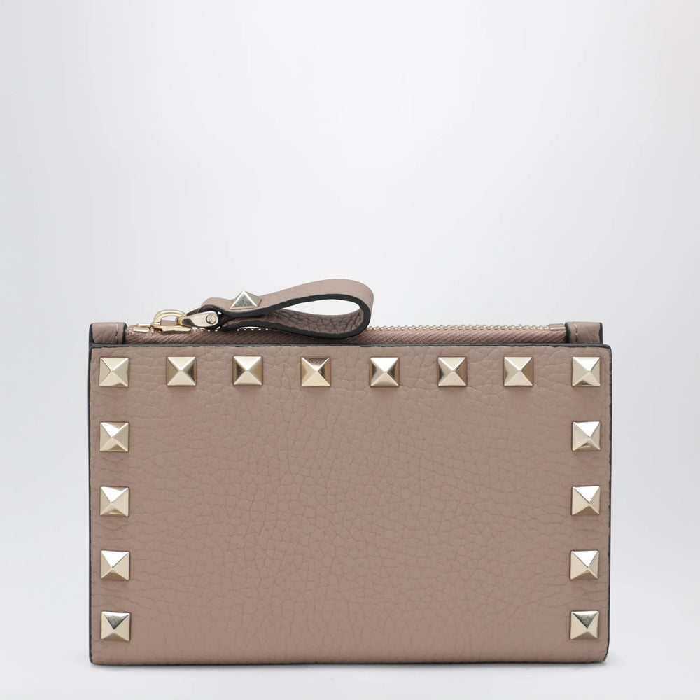 Valentino - Powder Pink Leather Rockstud Zip Card Holder Brand Apparel & Accessories TU