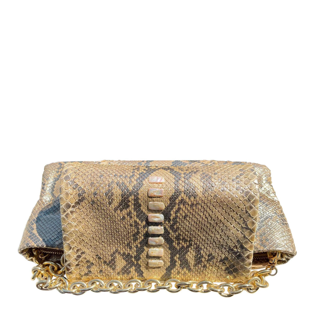 Italian Luxury Group Clutch Pearly Gold Python Clutch With Nacre' Pearls Decoration Brand