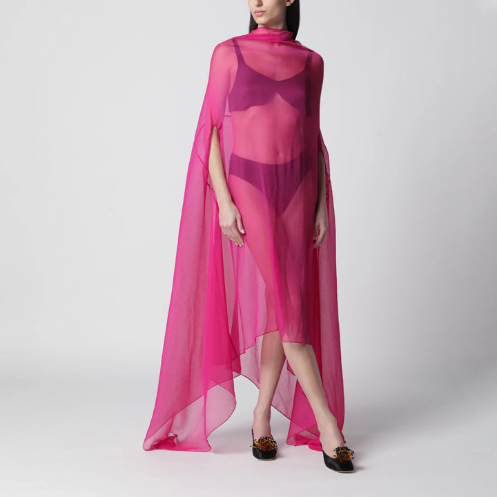 Dries Van Noten - Wide Cape Dress Fuchsia in Sheer Silk Brand Coats &amp; Jackets S