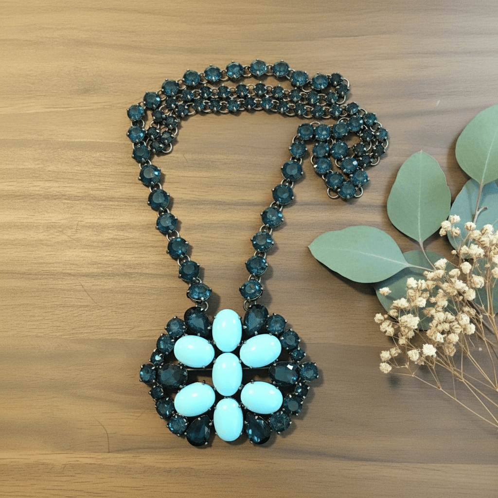 Giora Necklace with Blue Swarovski Precious Stones and Turquoise Cabochon Brand Necklace