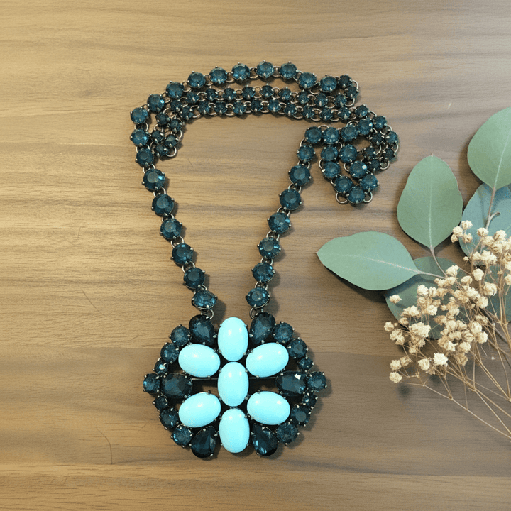 Giora Necklace with Blue Swarovski Precious Stones and Turquoise Cabochon Brand Necklace