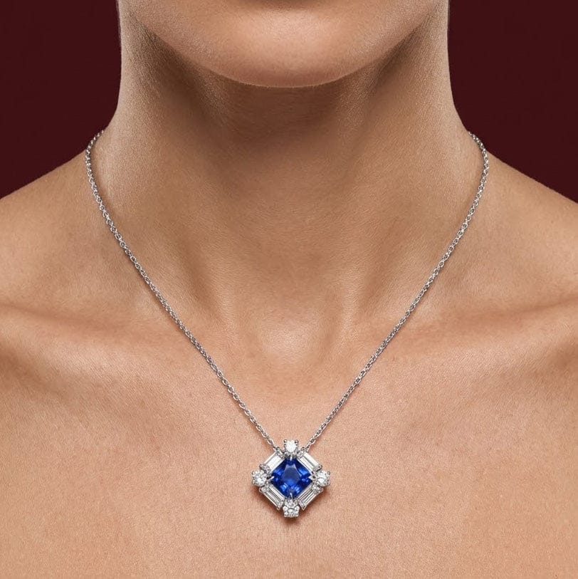 LEIBISH 0.92ct Cushion Blue Sapphire &amp; Baguette Diamond Pendant Brand Necklace