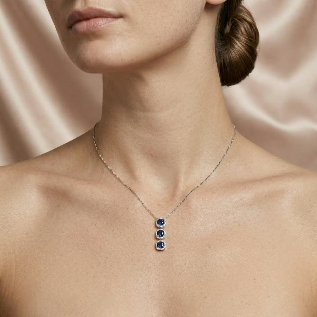LEIBISH Blue Sapphire Cushion Three-Stone Diamond Halo Pendant Brand Necklace