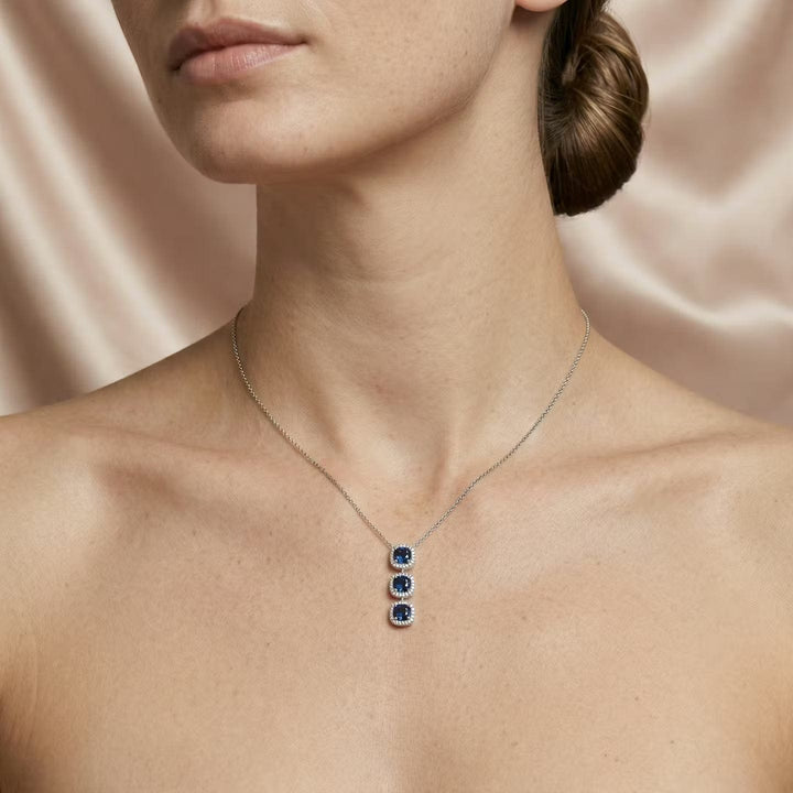 LEIBISH Blue Sapphire Cushion Three-Stone Diamond Halo Pendant Brand Necklace