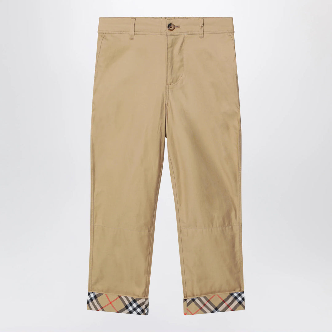 Burberry - Beige cuffed trousers with Check motif Brand Pants 8Y