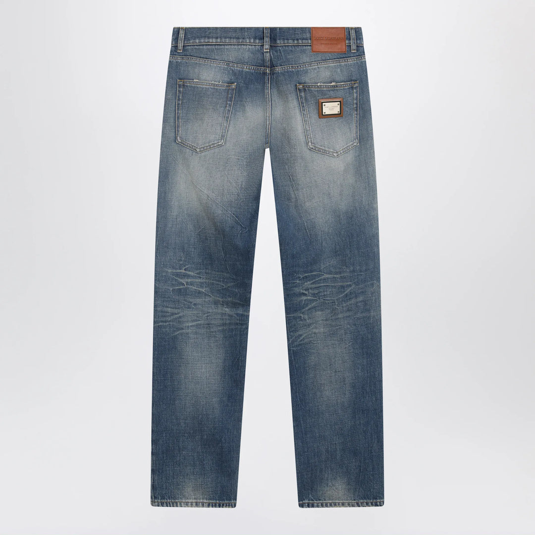 Dolce&amp;Gabbana - Blue Washed-Effect Jeans with Logo Plaque Brand Pants