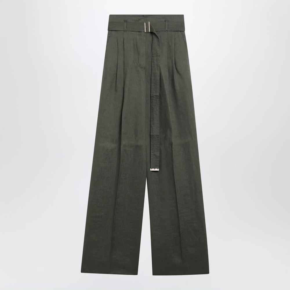 Max Mara Studio - High-waist wide-leg washed linen pants, khaki green Brand Pants 40  IT