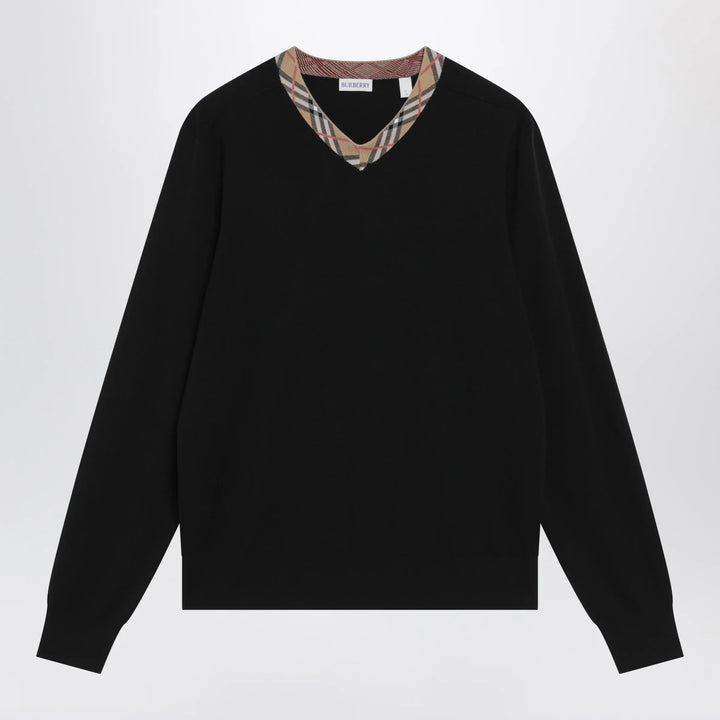 Burberry - Black wool sweater with Check motif neckline Brand Shirts &amp; Tops S