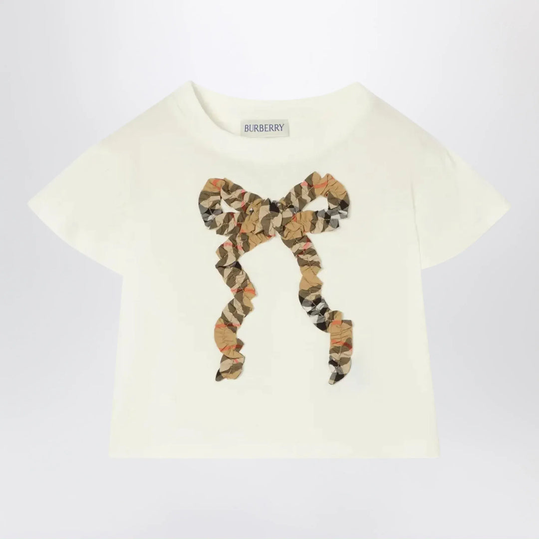 Burberry - Chalk white T-shirt with bow with Checked pattern Brand Shirts &amp; Tops 2Y