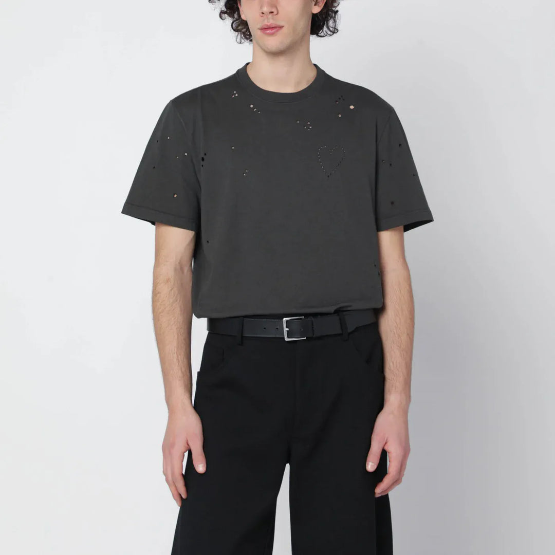 Golden Goose - Vintage-effect anthracite T-shirt with perforated heart Brand Shirts &amp; Tops S