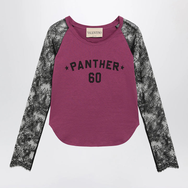 Valentino - Cyclamen Panther 60 T-shirt with black lace sleeves Brand Shirts &amp; Tops XS