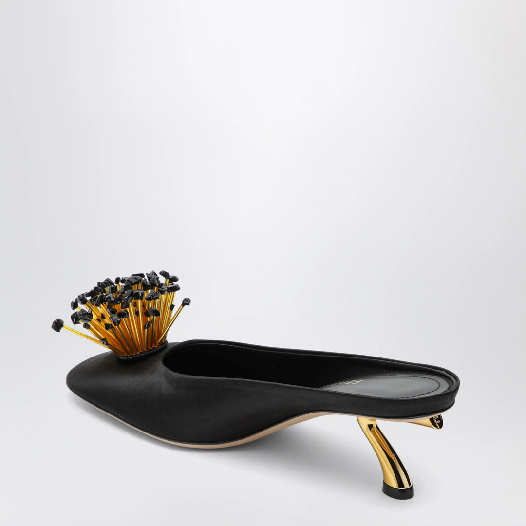 Ferragamo - Black mules with sculptural heel and crystal flower Brand Shoes